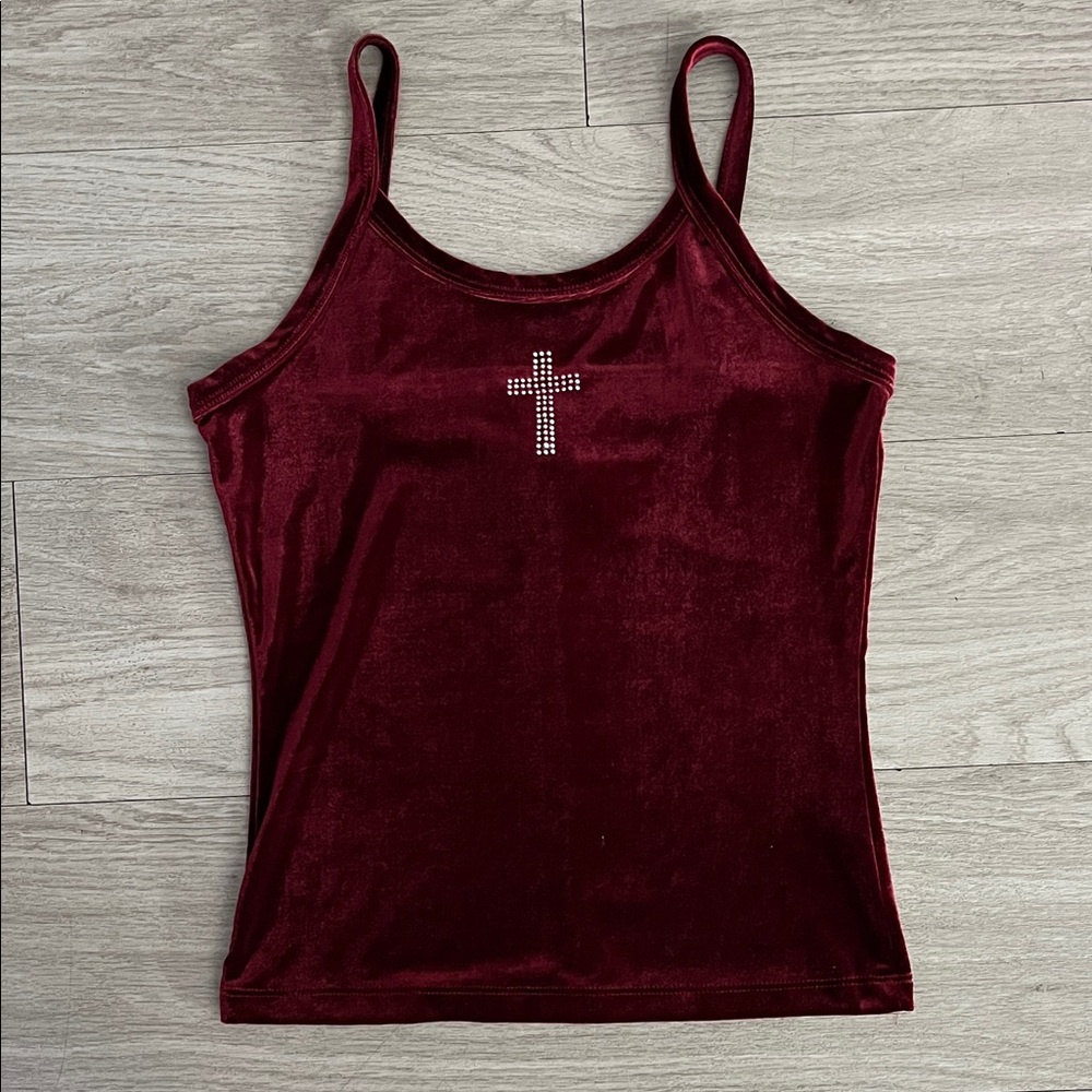 Elegant Burgundy Velvet Tank Top with Rhinestone Cross